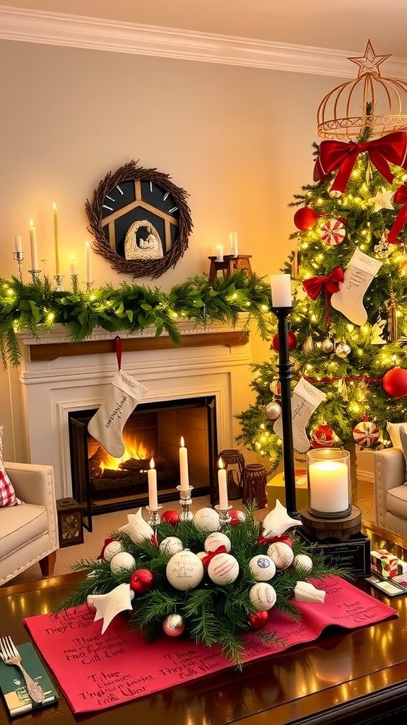 Christmas Aesthetic Christian Decor Ideas A cozy Christmas living room with a nativity scene, scripture ornaments on a tree, candles, and a warm festive atmosphere.